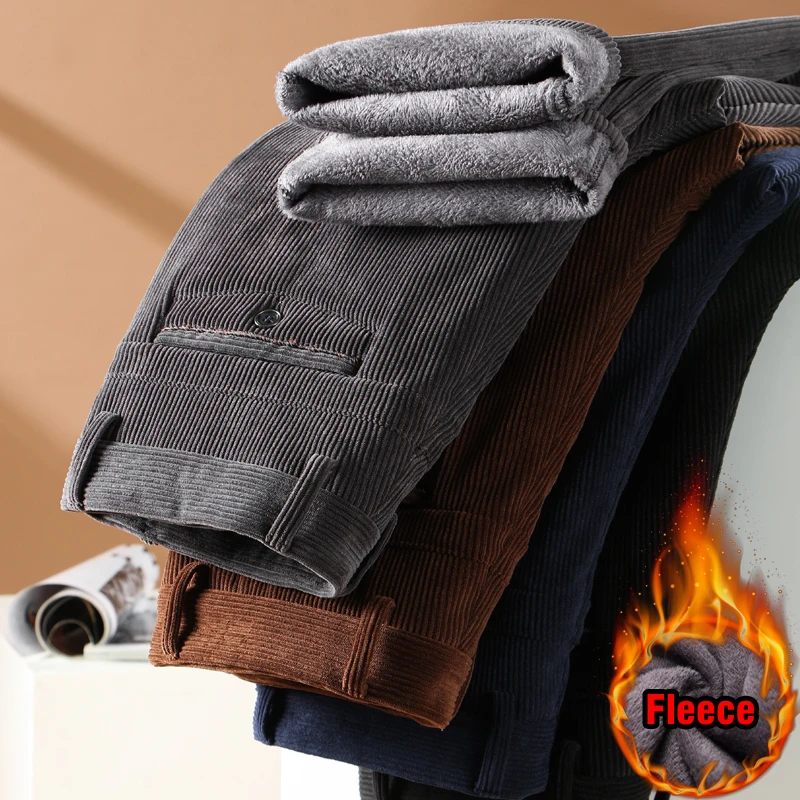 

2023 Winter Men's Fleece Corduroy Pants Business Fashion Classic Style Thick Warm Stretch Trousers Male Brand Clothing