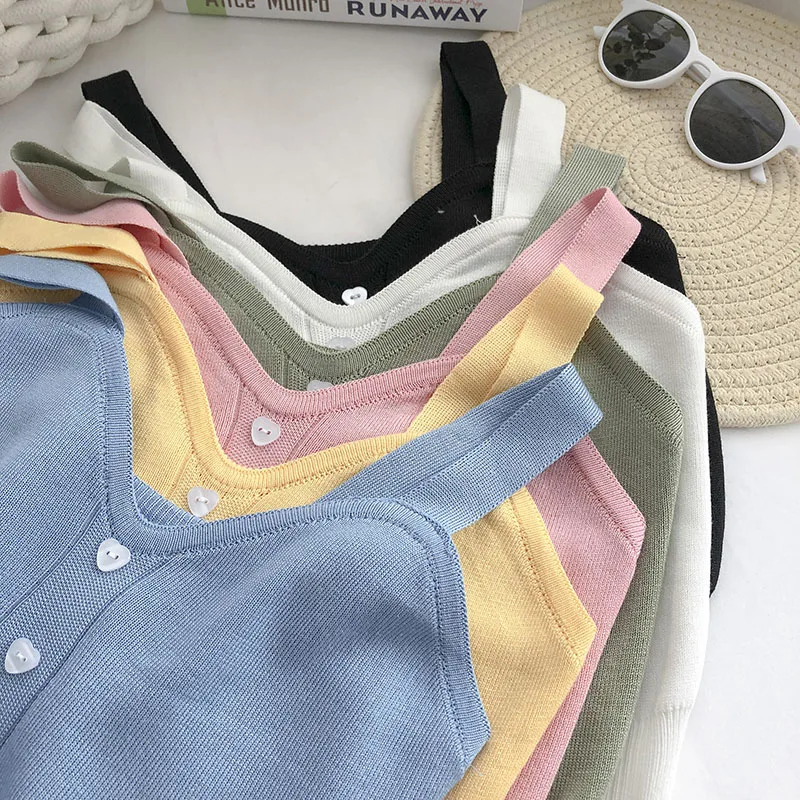 2022 Summer Plain Women Button Up Crop Tops Cute Knitted Soft Beach Outwear Tank Off-The-Shoulder Suspenders For Women