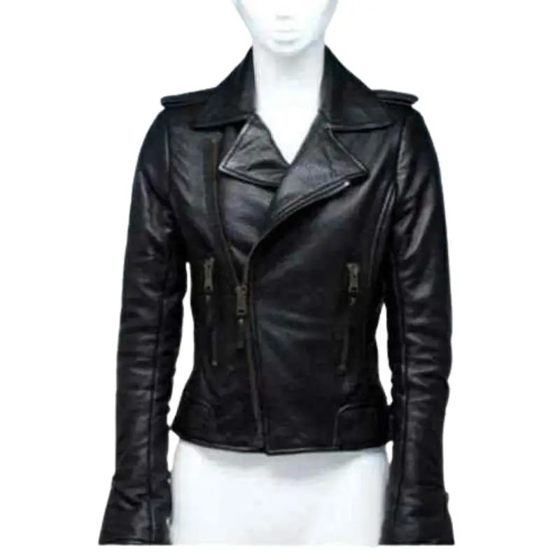 Casual Modern Sexy Motorcycle Lambskin Leather Jacket Women's Black Genuine