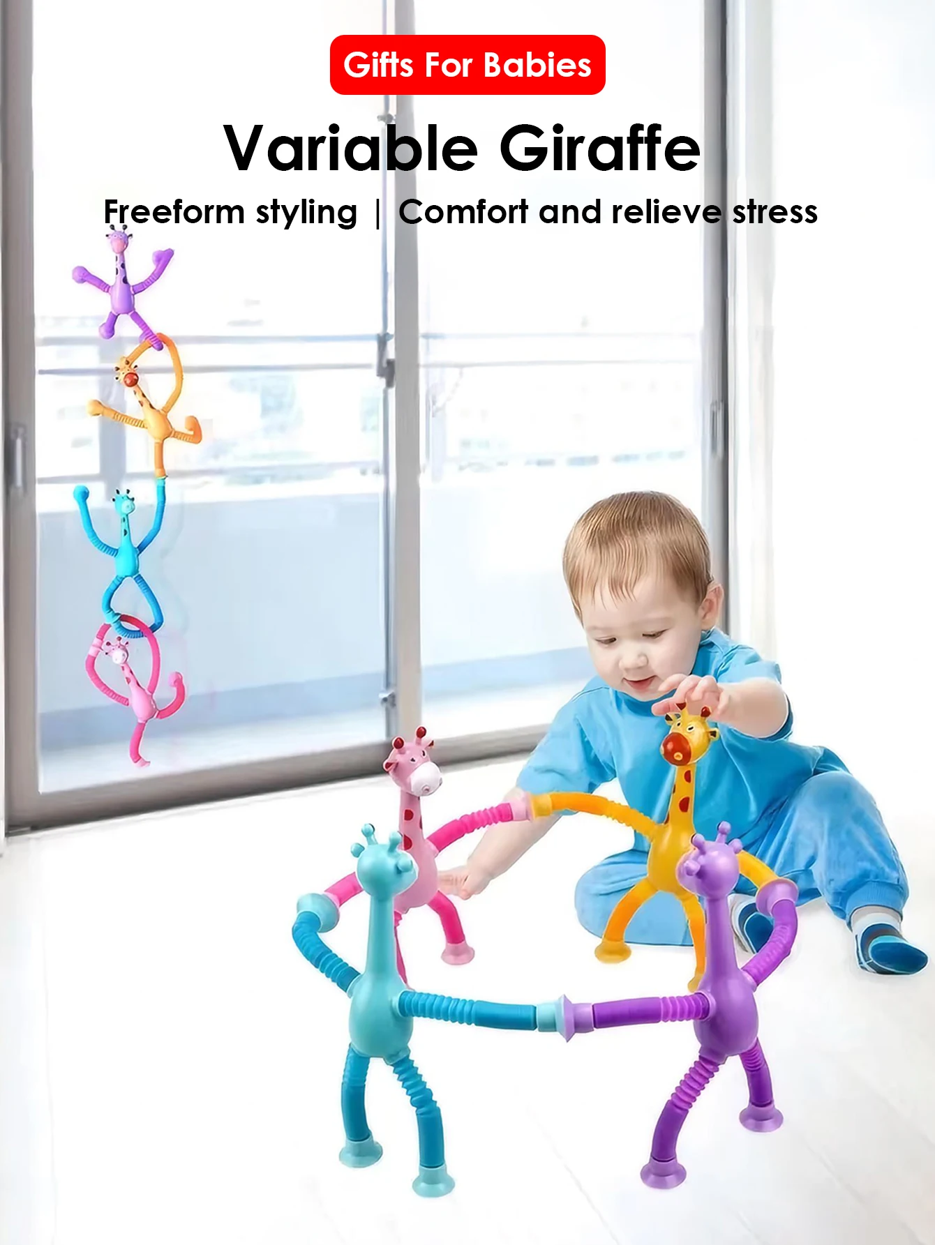 4 pieces/set Fun Stretching Giraffe Suction Cup Hand Toys Sensory Bellows Toys Pressure Compression Puzzle Learning suction cup hand toys