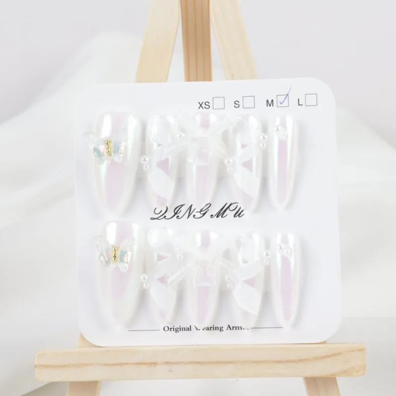 

10-Piece Set Handmade press on Nails Pure White Laser Design With Bow Super Glitter Butterfly Accents Shiny Faux