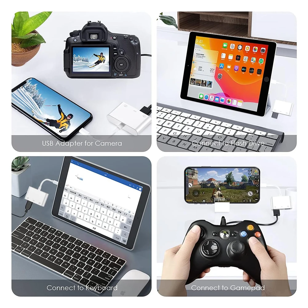 라이트닝-USB 카메라 어댑터(충전 포트 포함) 아이폰 17 16 15 Pro 아이패드용 휴대용 카드 리더 USB 플래시 드라이브