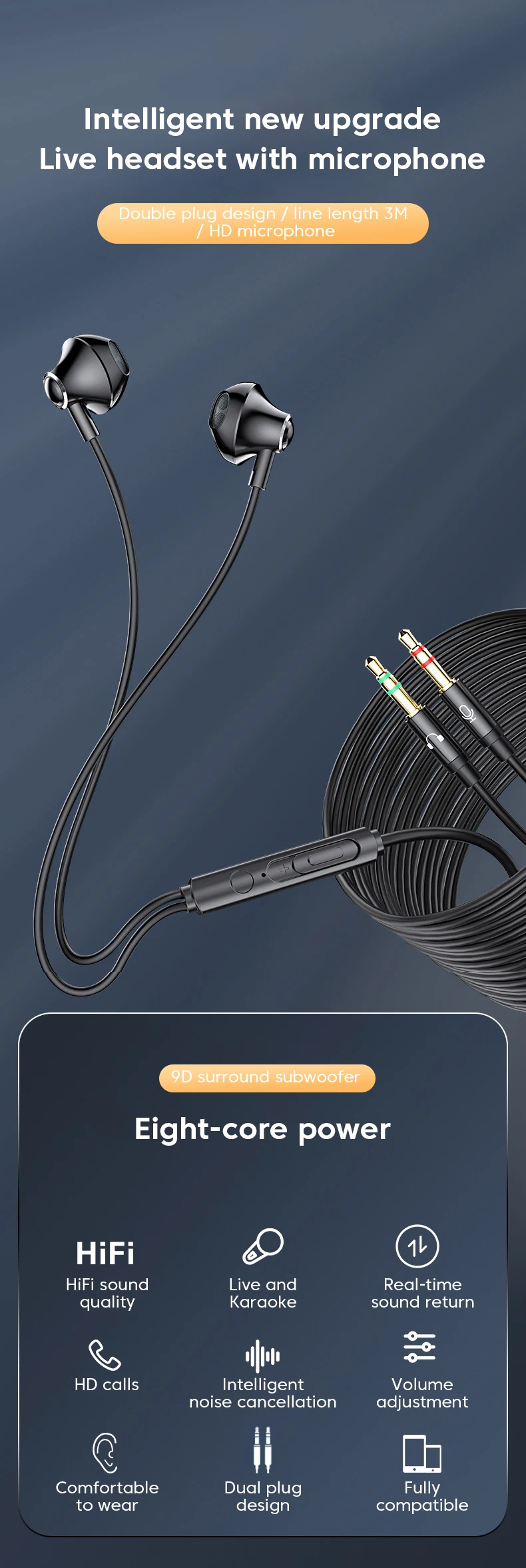 Description Picture 2 of item3.5mm Audio Microphone Dual Plug Wired Headphones 3m/2m In Ear Headset Wired Earphones Desktop Computer PC Bass Stereo Earbuds