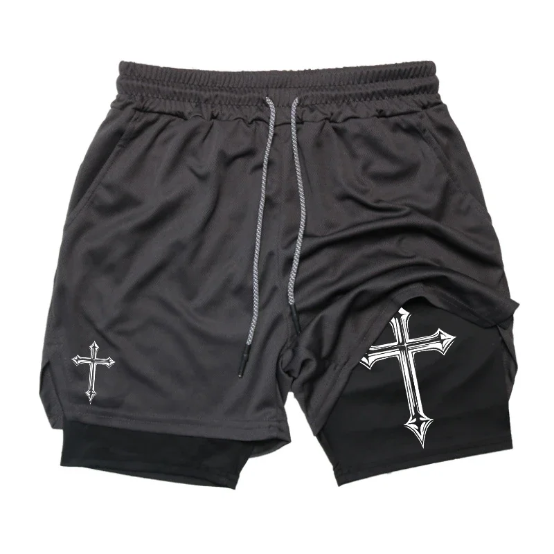 Cross Print 2 in 1 Workout Running Shorts for Men Christian Gym Athletic Shorts with Compression Liner Phone Pocket Towel Loop 3