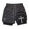 Cross Print 2 in 1 Workout Running Shorts for Men Christian Gym Athletic Shorts with Compression Liner Phone Pocket Towel Loop 3