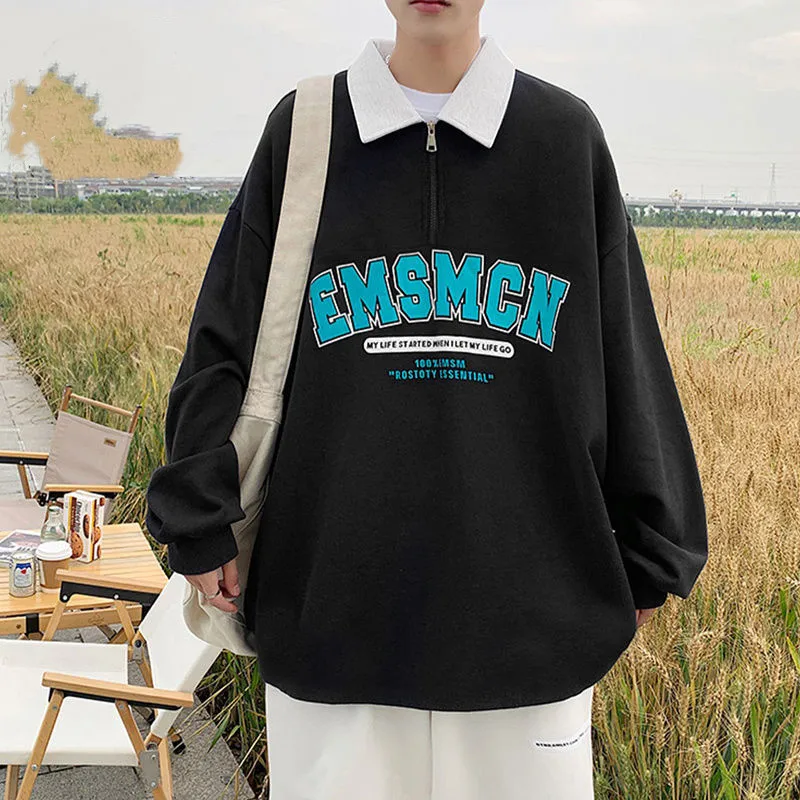 

Vintage Polo Shirt Sweatshirt Women Couple Half Zipper Long Sleeve Shirt Men Handsome American Autumn Letter Thin Coats Autumn