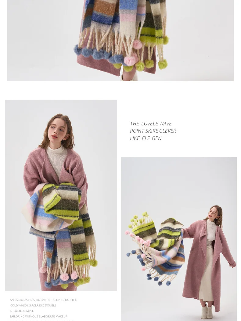 Sciarpa in cashmere con motivo a righe colorate con pallina, invernale, calda, ispessita, arcobaleno, kawaii, mohair, accessori per amanti_voghion.com