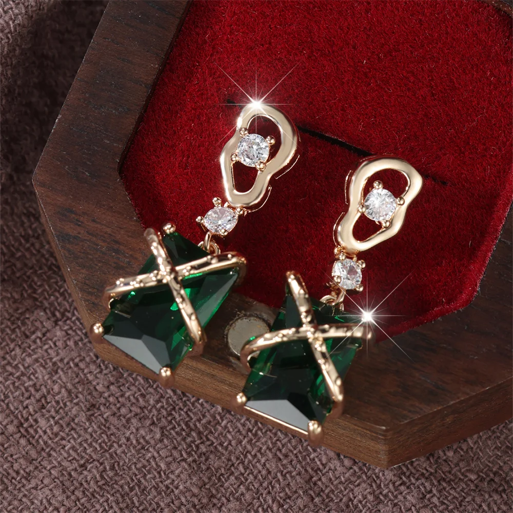 Green Crystal Square Stone White Zircon Dangle Earrings For Women Vintage Gold Color X Drop Earrings Bridal Wedding Jewelry Gift