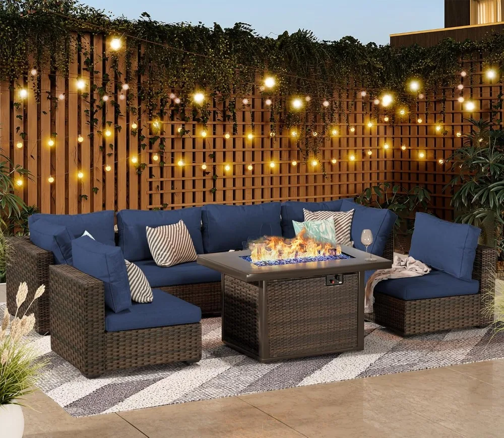 15 pieces of terrace furniture combination sofa with 50000 BTU propane gas pit table, blue 6