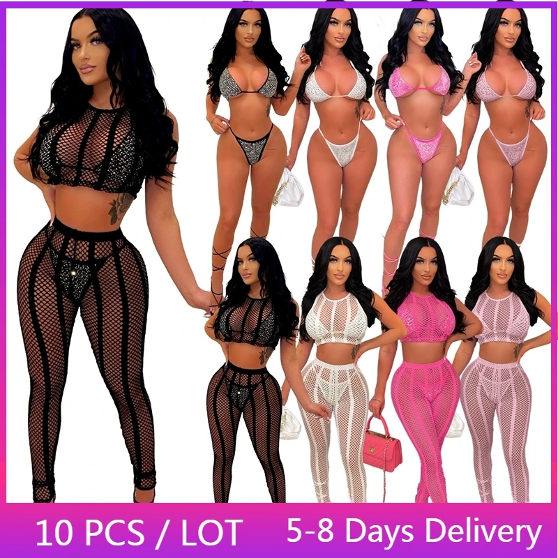 

Wholesale Items Summer Sexy 4 Piece Set Women Beachwear Rhinestone Bikini Set Mesh Hollow Out Club Outfits Crop Top Pants Set