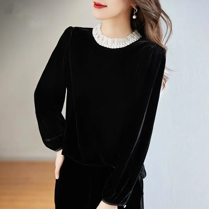 2023 Autumn Women's New Fashion Solid Gold Velvet Top Fashionable Fashion Pullover Loose Relaxed Comfortable Versatile Underlay