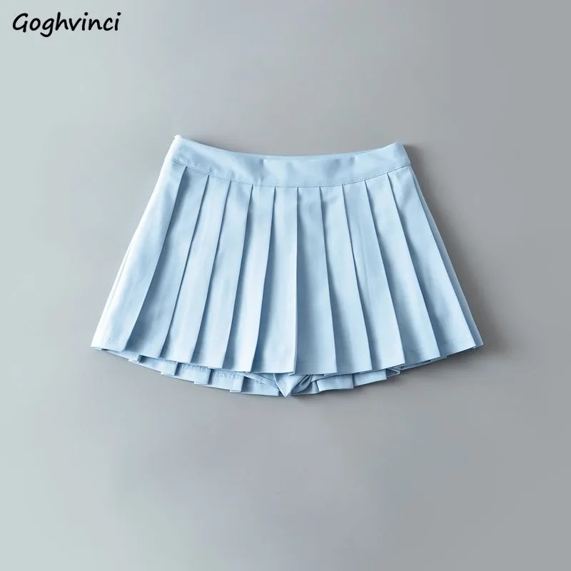 

Casual Skirts Women Preppy Style Kpop Simple Loose Pleated Mini Skirt Solid High Waist Chic Fall Newly Fashion A-line All-match