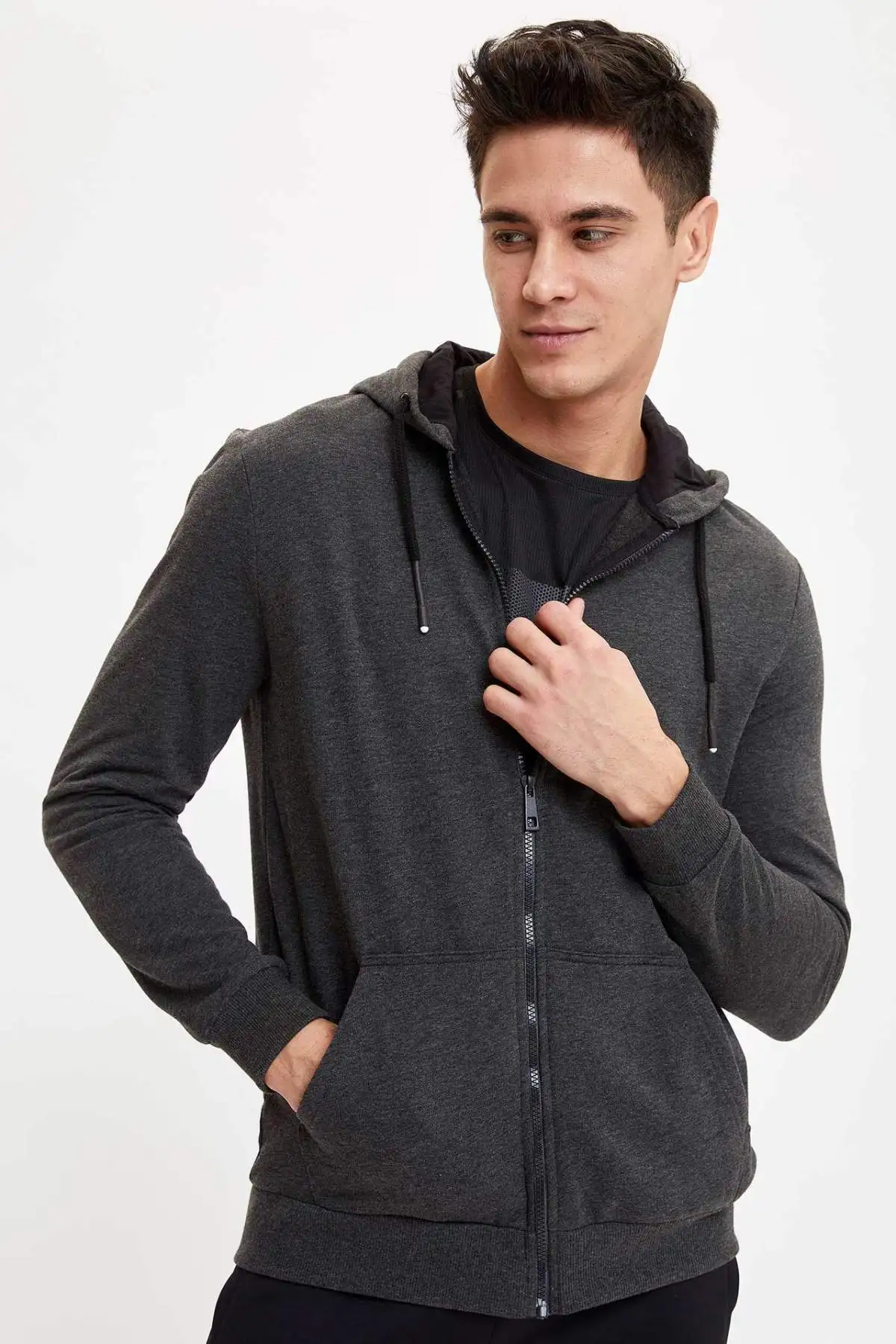 DeFacto весенний Мужской пуловер Кардиган Slim Fit с капюшоном сезонные тонкий