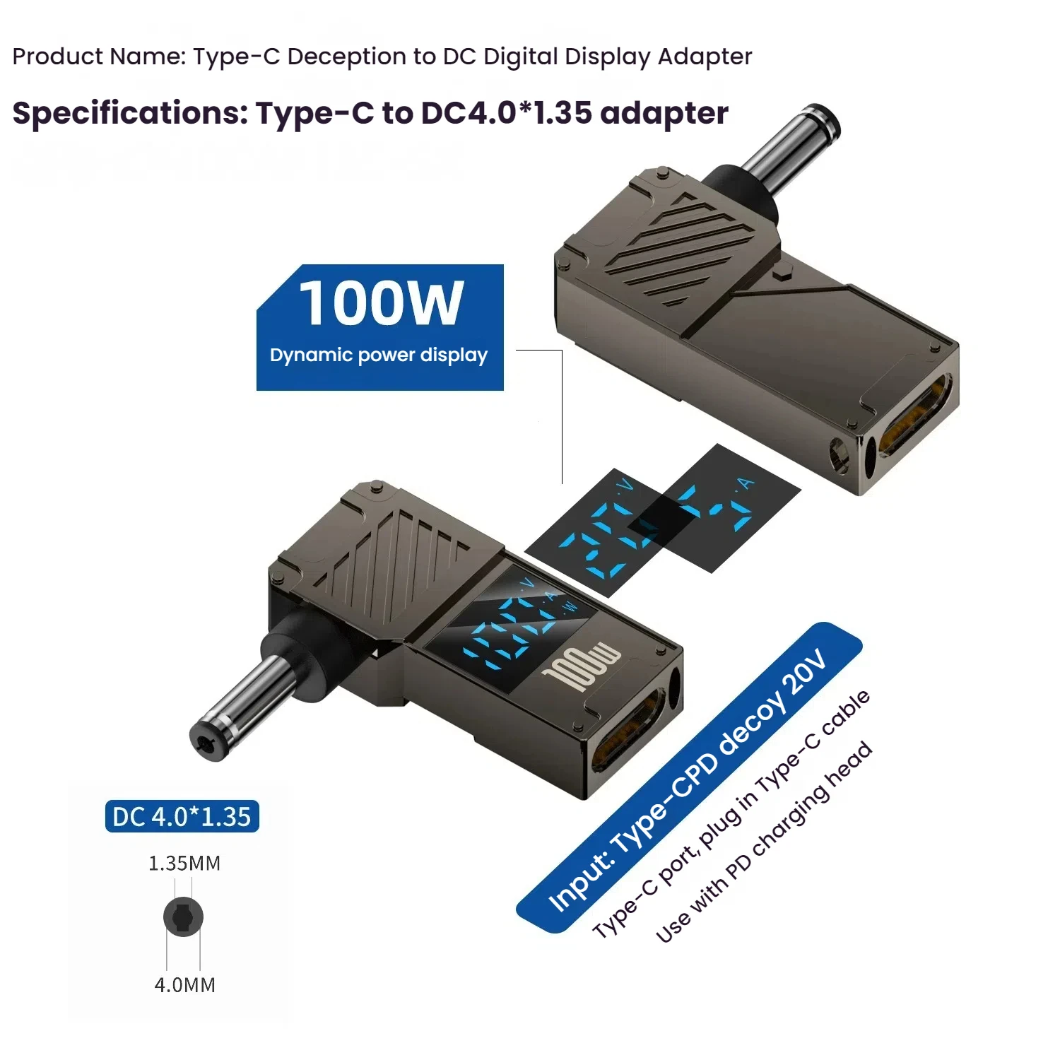 100W Laptop Power Charger Converter - Type-C to DC Male Adapter