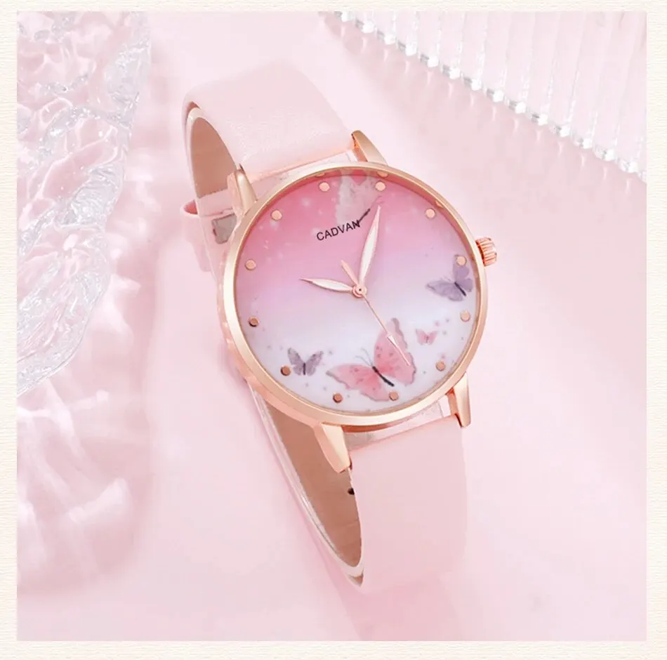 S9e37fbdfe713442a9ae6ca7d881b2d9b0 6PCS Set Women Fashion Quartz Watch Female Clock Pink Butterfly Dial Luxury Brand Design Ladies Leather Wrist Watch Montre Femme Mallzona