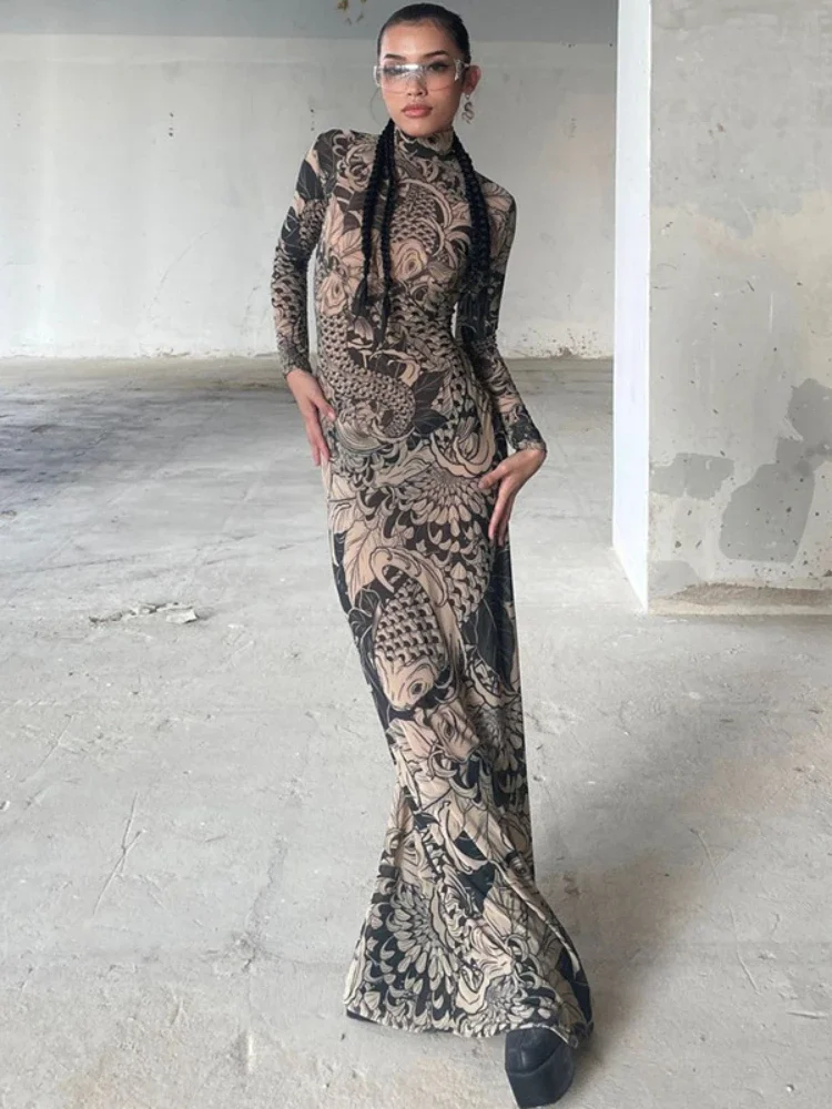 

XIZOU Long Sleeve Printing Maxi Dresses for Women 2024 New Summer Turtleneck See Through Bodycon Mesh Dress Sexy Slim Elegant