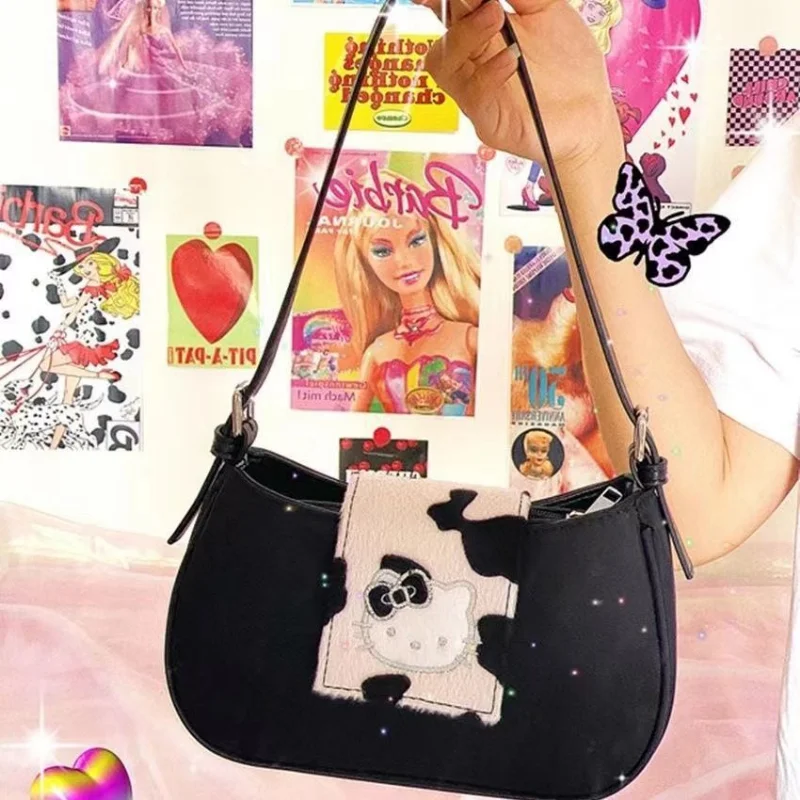 Hello Kitty Bag Y2K New Vintage Brown Women's Bag Cartoon Printed Luxury Handbag Cylinder Bags Korean Versatile Fashion 2023 Baguette Tote Female