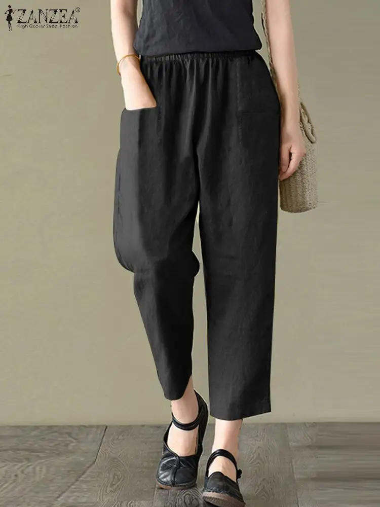 

2023 ZANZEA Autumn Casual Ankle Length Pants Fashion Solid Cotton Pantalon Woman Elastic Waist Palazzo Female Vintage Trousers