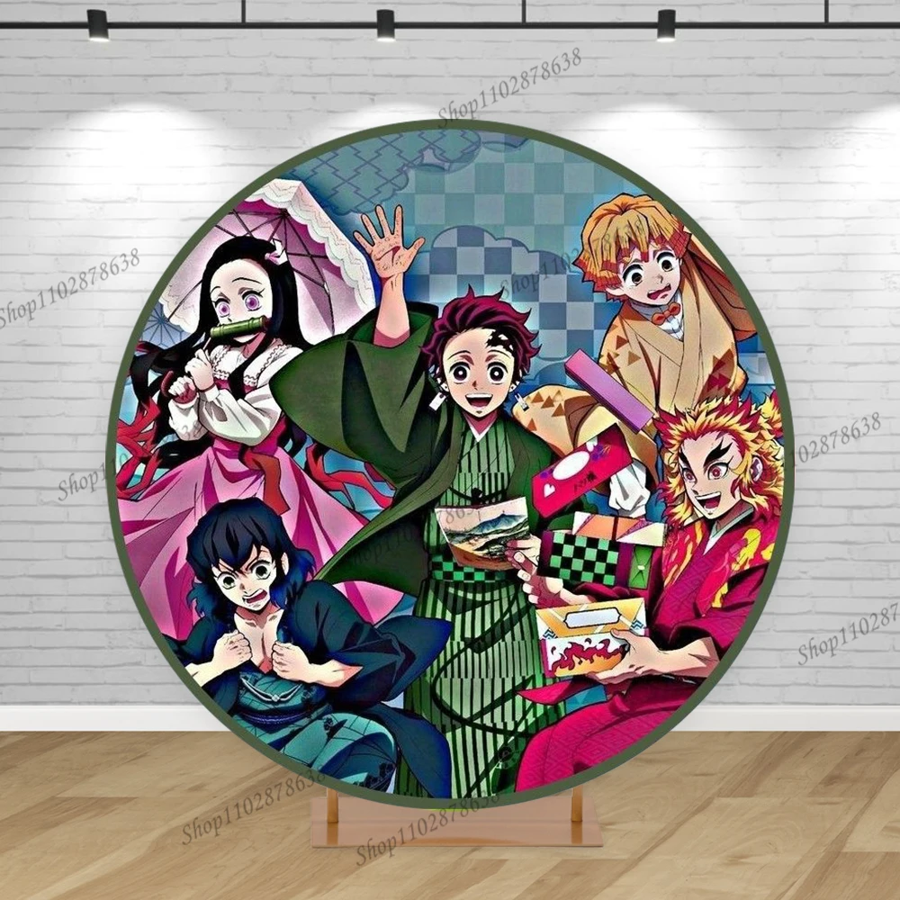 thumbnail image 1 of Fondo redondo para fiesta de Demon Slayer Kamado Nezuko, portada para niña, primer cumpleaños, pancarta de feliz cumpleaños, decoración para baby shower, 1 of 5