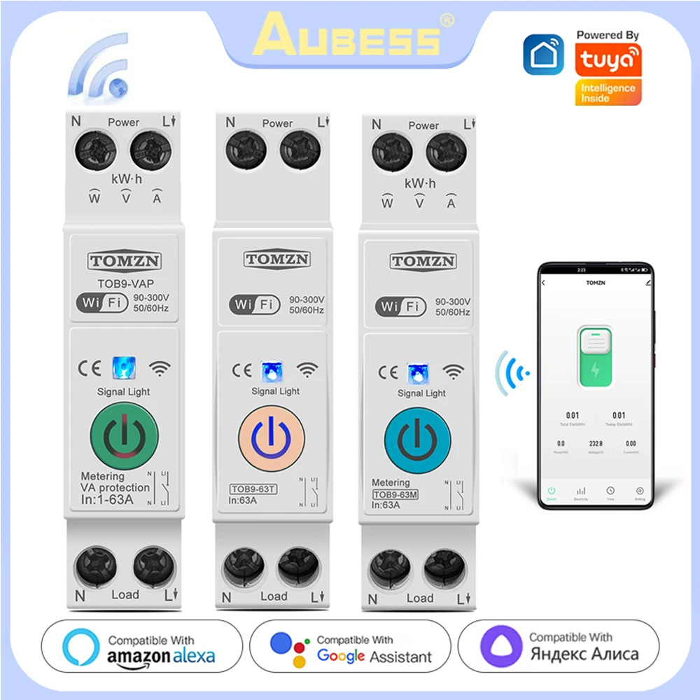 Tuya Relé Wifi Interruptor Inteligente Medidor de Energia Doméstica Monitoramento de Medição Disjuntor Circuito de Tensão Temporizador Circuito Proteção 63a 1p Mais n