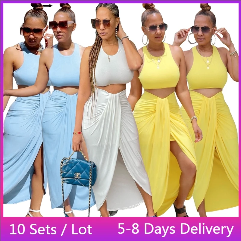 

Wholesale Items Elegant Summer Outfits for Women High Slit Two Piece Sets Womens Outifits Tank Crop Top + Ruched Midi Skirt Set