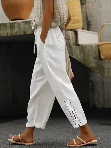 Women Fashion Embroidered Lace Trousers Vintage Lace-Up Pockets Pants Summer Elegant Loose Elastic Waist Long Pants Streetwears