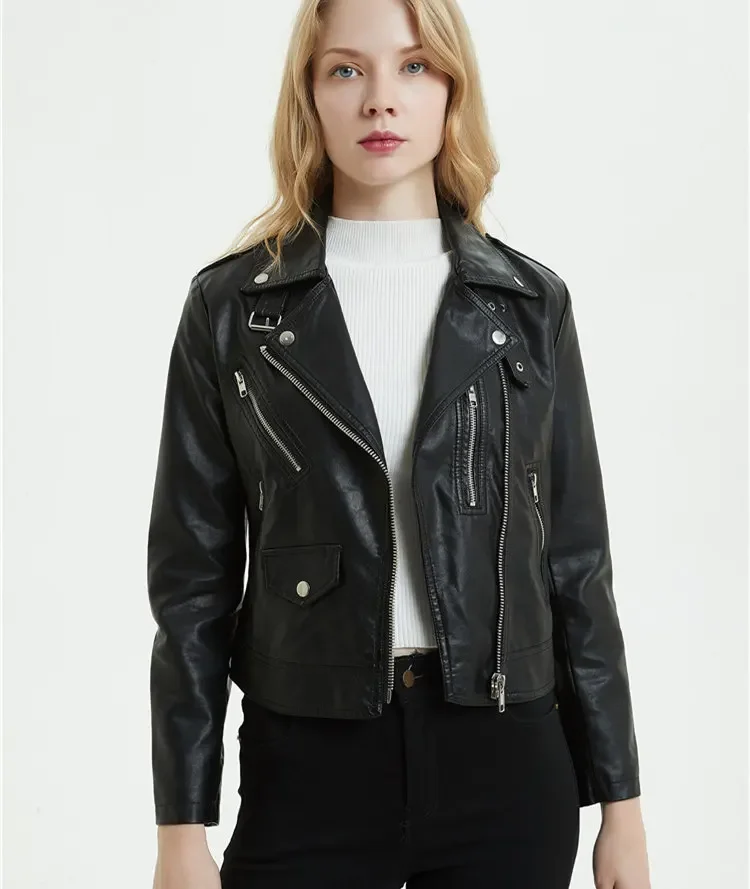 

Куртка женская короткая из искусственной кожи на молнии, уличная стильная Байкерская кожаная, черная белая байкерская куртка