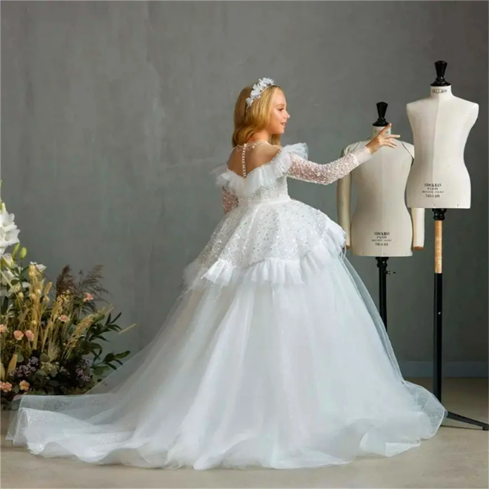 

Flower Girl Dress Princess Ball Holy Long-sleeved Tulle Lace Printing First Communion Dresses Kids Surprise Birthday Present