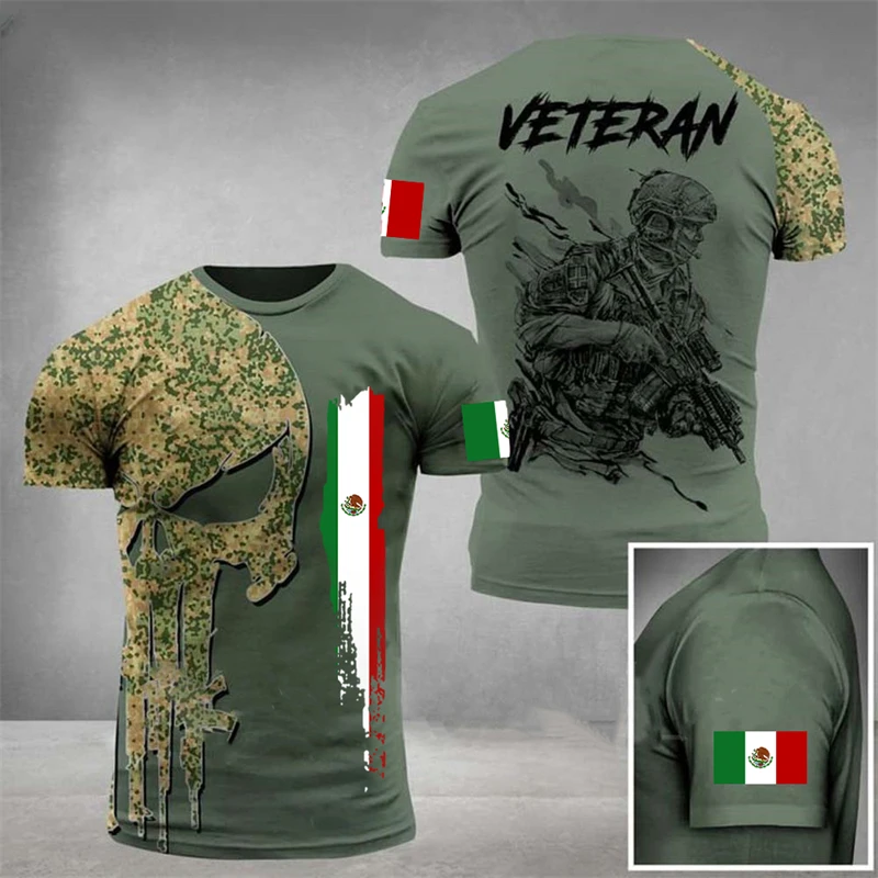 

Mexico Flag Men's T Shirt Oversized Retired Military Graphic Casual Short Sleeve Tops Tees Mexican Outdoor Street Men's Clothing