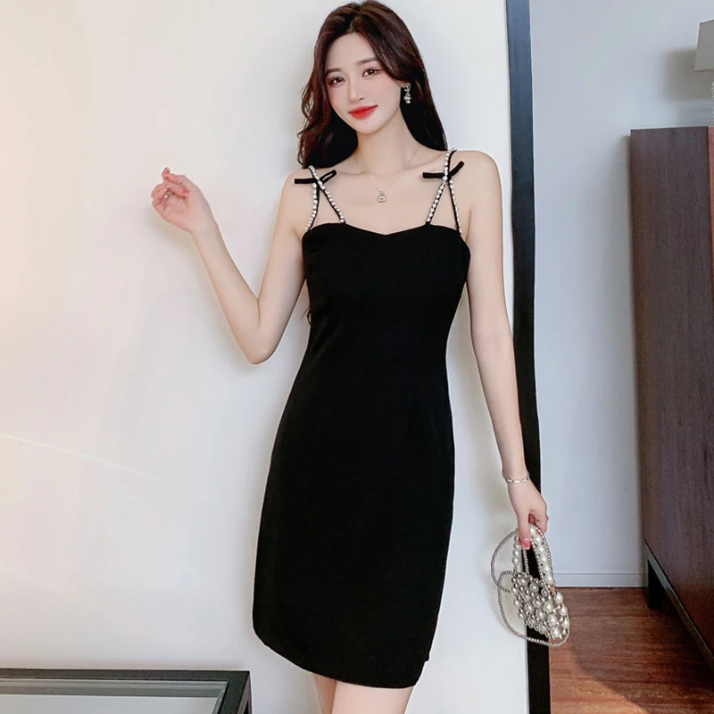 2023 Black Sexy Club Mini Sling Dress Women Korean Vintage Casual Party ...