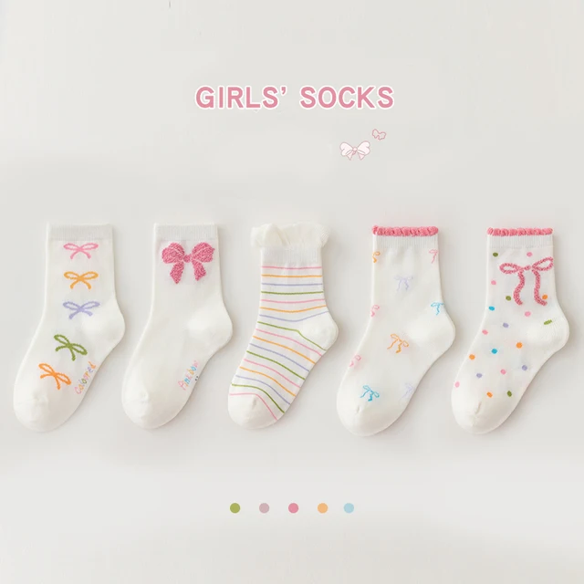 5 Pairs Bow Ties Kids Girls Mid-calf Socks Sweet Selected Combed Cotton Solid Breathable Comfortable Children's Socks for Girls