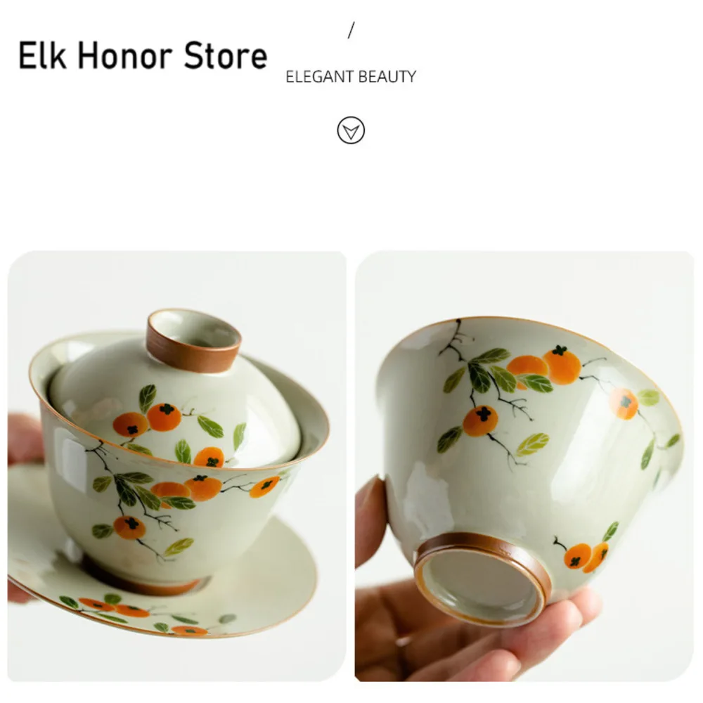150ml Pure-painted Persimmon Ceramic Sancai Covered Bowl Retro Not Hot Tea Bowl with Lid Tea Maker Gaiwan Kung Fu Teaware Gifts