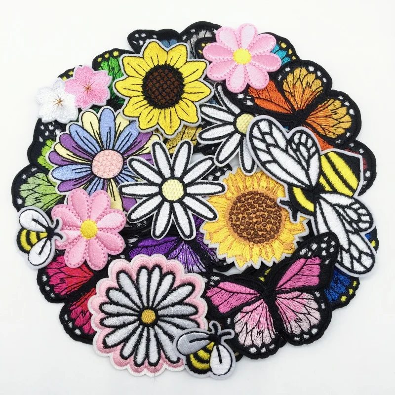 Embroidered Patch 12pcs Embroideried Iron On Patches Daisy Sunflower Bee Butterfly Animal Patch Applique Repair for Jeans Hats Bags Clothing