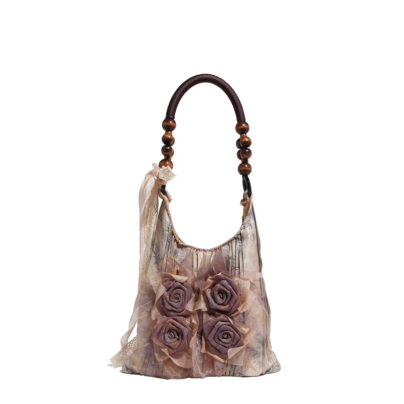 Vintage Chinese Style Botanical Tie Dye Rose Flower Fold Shoulder Tote Bag for Commute Handbag