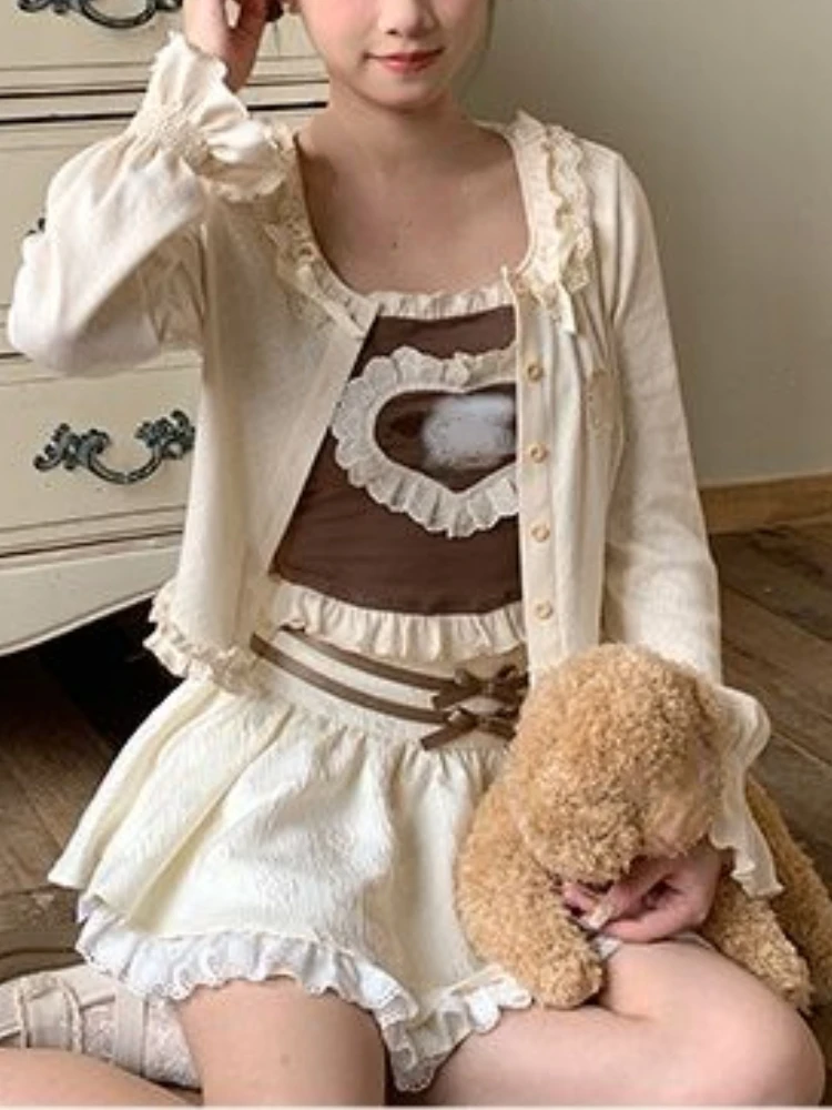 

2023 Autumn Sweet Skirt 3 Piece Set Women Party Y2k Cardigan + Office Lady Casual Skirt + Slim Tank Top Korean Fashion Chic