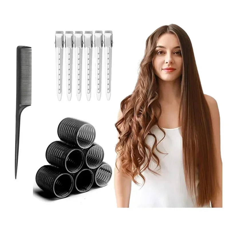 13pcs Black Self Grip Hair Rollers No Heat Hair Curlers Heatless Curls Bangs Volume Self-adhesive Hook DIY Styling Tools