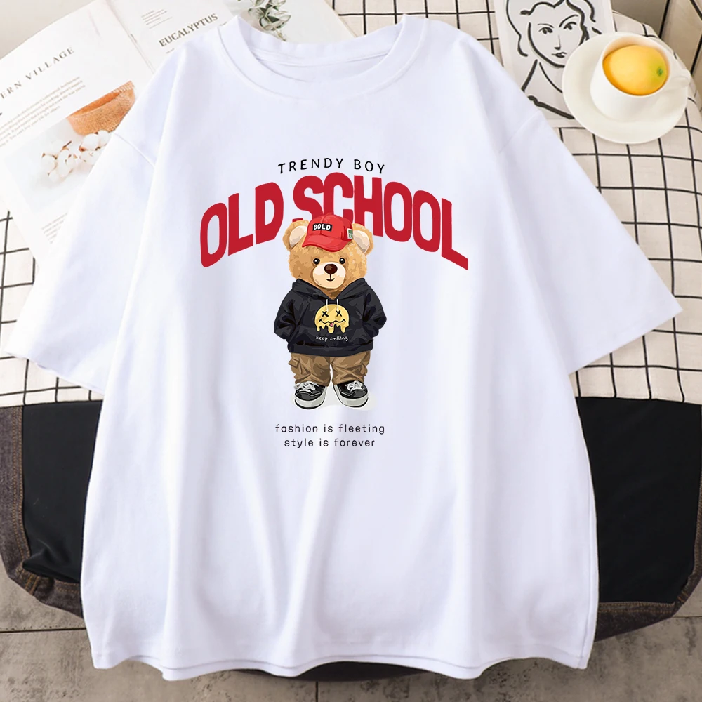 

Trendy Boy Old School Fashion Is Fleeting Style Is Forever Bear Men Cotton T-Shirt Personality Hip Hop Clothing Casual Mans Tops