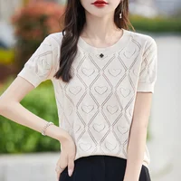 New Summer Fashion 100% Pure Cotton Women's Sweater Short sleeved Casual O-neck Pullover T-shirt Loose Knitted Hollow Top - Image 6