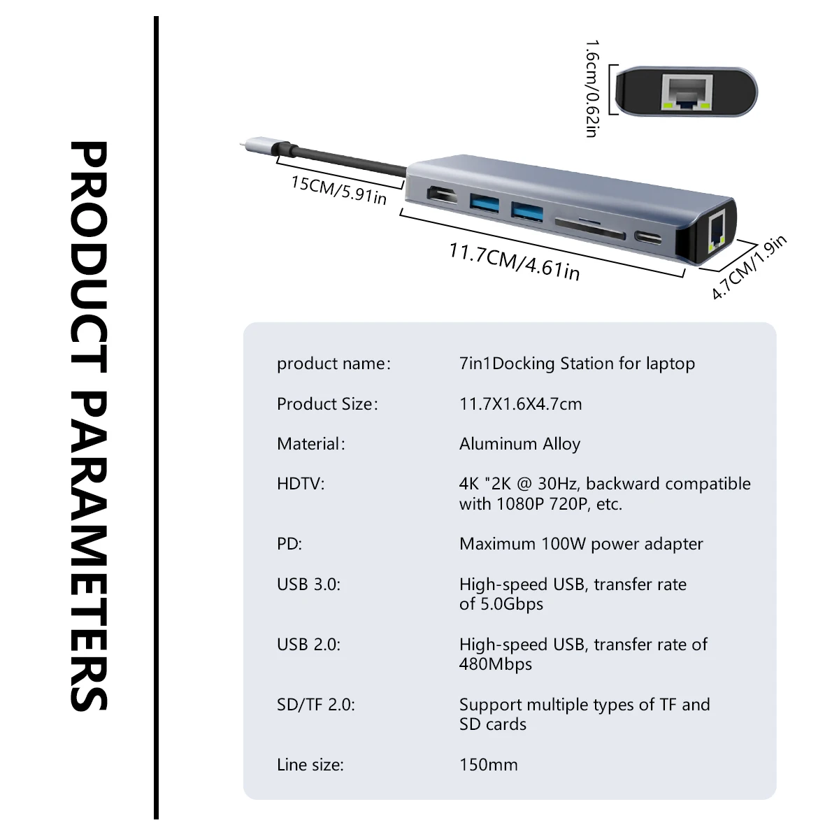 USB C to HDTV Adapter, 4K@30Hz USB C Docking Station, 7 in 1 Hub with 2 USB-A, PD 100W, TF/SD Card Reader, 1000M Rj45