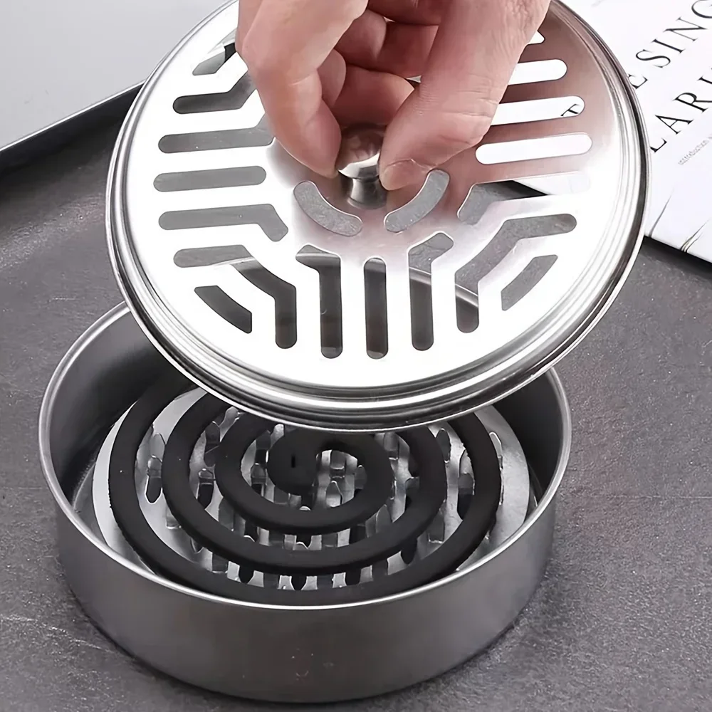 Mosquito Coils Holder Stainless Steel Mosquito Coil Box with Cover Round Mosquito Coil Tray Easy To Clean Anti-Mosquito Supplies