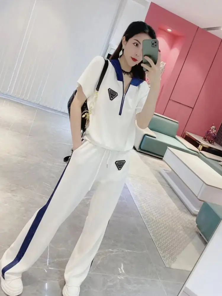 

Summer 2023 Causal Sport Women Fashion Two Pieces Set Polo Collar Zipper Printed Short Sleeves+Shirring Striped Pants Plus Size