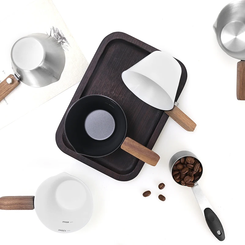 Espresso Messbecher Edelstahl mit Holzgriff Kaffee Schuss Gieß becher 120ml Home Küche Barista Mess zubehör – Detail 11