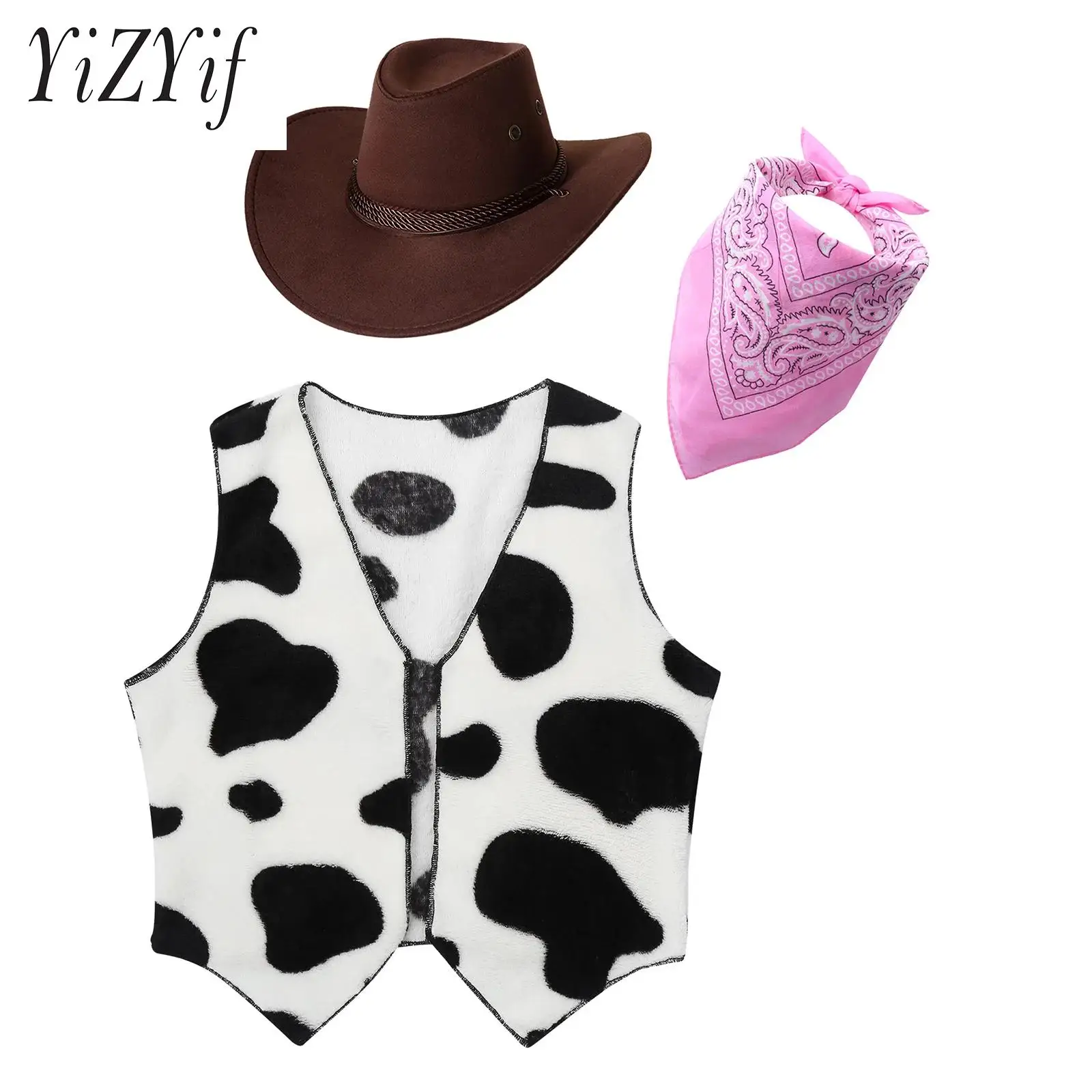 

Kids Teens Western Cowboy Halloween Cosplay Costume Cowboy Hat Open Front Vest and Print Bandanna for 3-piece Suit Accessories