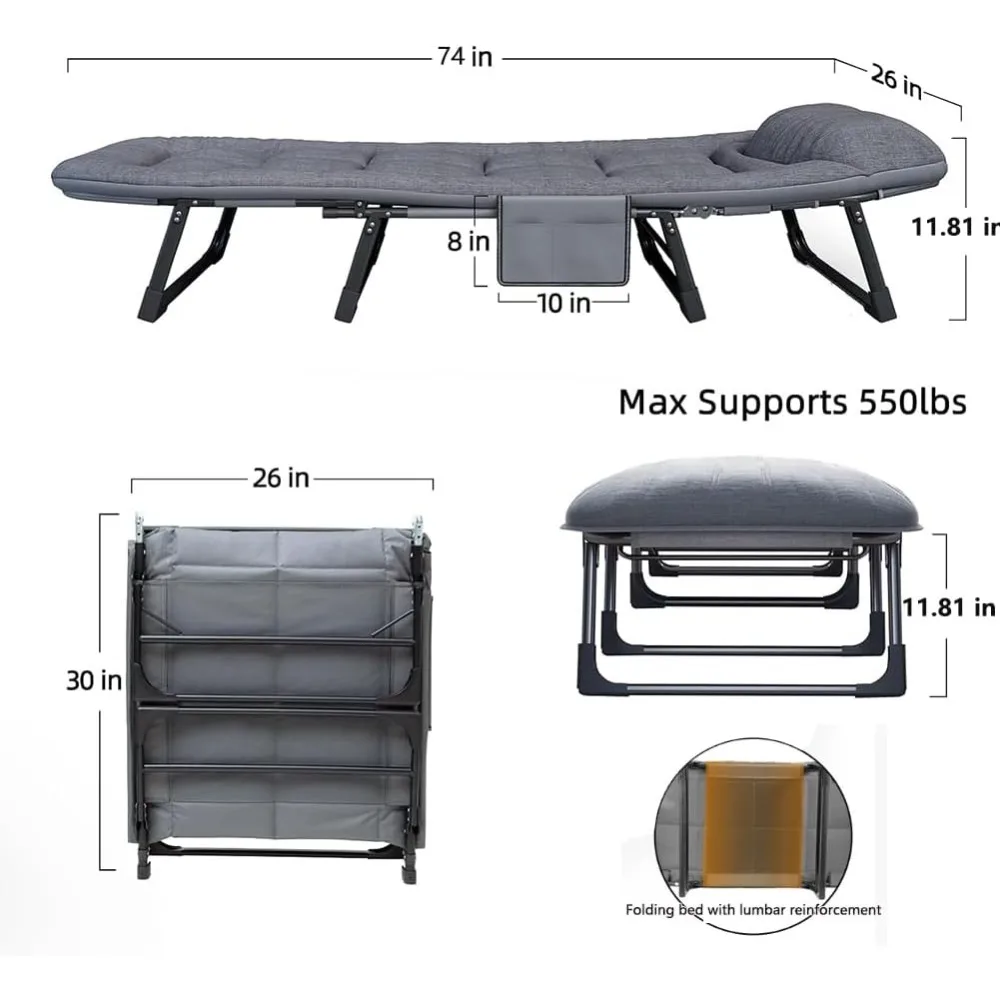 Heavy-Duty 6-Position Adjustable Folding Chaise Lounge Chair Portable Camping Cot with Removable Mattress and Pillow for Outdoor
