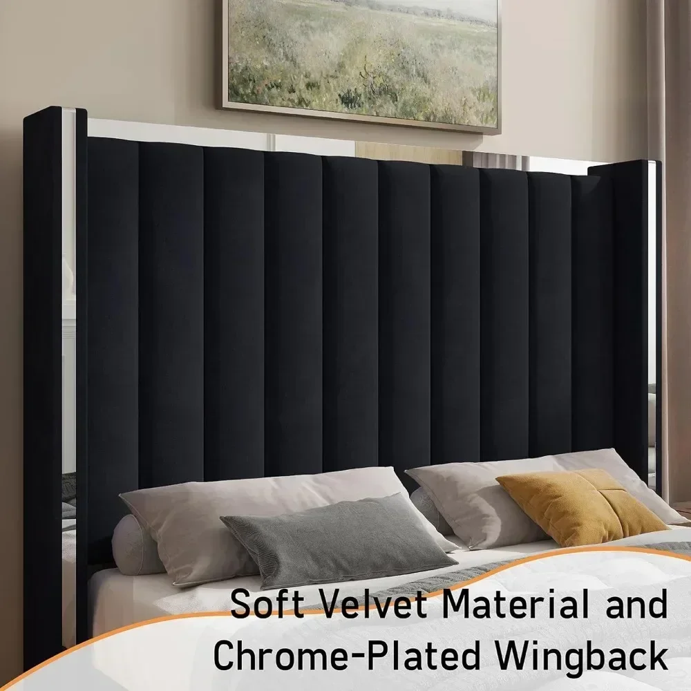 King Size Bed Frame with 58" Tall Headboard, Velvet Upholstered Platform Bed with Wingback Headboard and Plating Trim 3