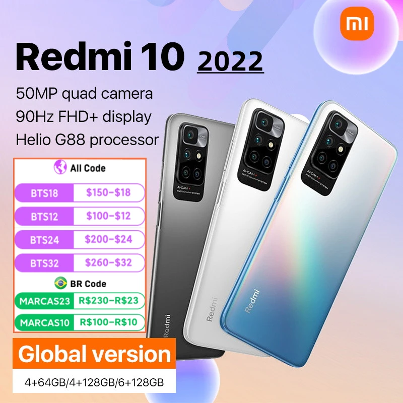  Global Version Xiaomi Redmi 10 2022 64GB 128GB MediaTek Helio G88 Octa Core 50MP AI Quad Camera 90Hz FHD Display Redmi10 2022 