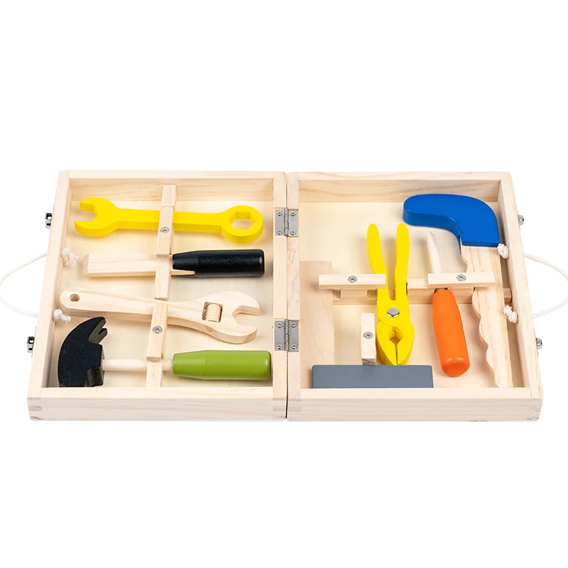 Wooden toolbox toys equipped with tools such as saws, hammers, square rulers, wrenches, screwdrivers, etc