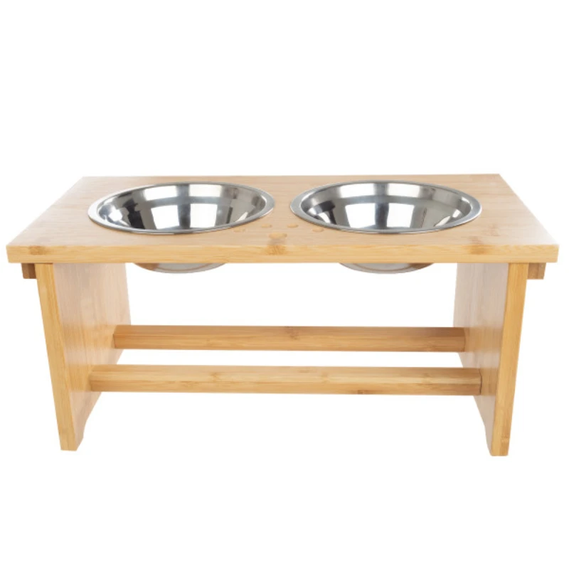 

Dog Bowls with Stand - 7-Inch Nonslip Bamboo Dog Feeder with 2 Stainless-Steel Dog Bowls - Hold 20oz Each and Dishwasher Safe by