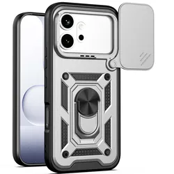 Shockproof Armor Phone Case with Camera Lens Protection and Car Holder Feature for Honor 600 Pro (Silvery)