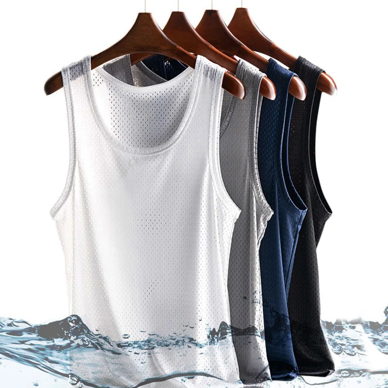 

Men's Casual Tank Top Summer Bodybuilding Fitness Muscle Singlet Man's Clothes Sleeveless Slim Fit Vest Mesh Ice Silk Vest